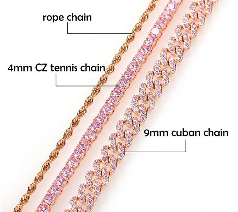 14Kアイスアウトバタフライペンダントネックレス9mmピンクキューバチェーンキュービックチャームピンクテニスチェーンネックレスジルコンメンヒップホップジュエリー229S