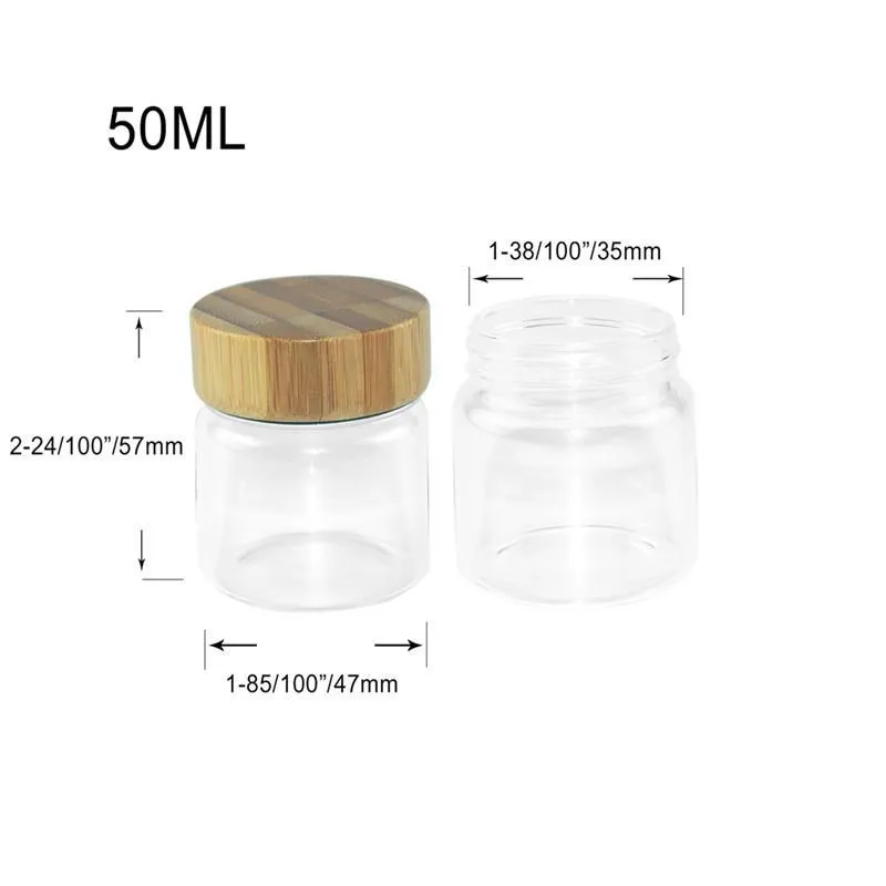 Bouteilles en verre de la capacité 50ml avec le double chapeau en bambou en aluminium Petits pots transparents de mini fioles en verre vides