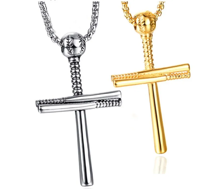 Baseball Bat Cross Pendant Halsband Guld Silver Svart Färg Rostfritt Stål Baseball Cross Pendant Halsband för Kvinnor Män Hiphop Link