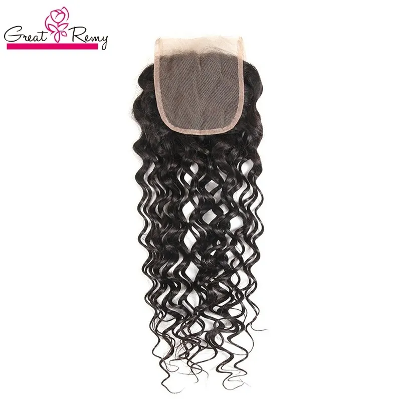 Demi-prix cheveux brésiliens haut dentelle fermeture cheveux humains vierges vague d'eau partie libre gros bouclés Remy cheveux fermeture blanchi noeud naturel noir Greatremy