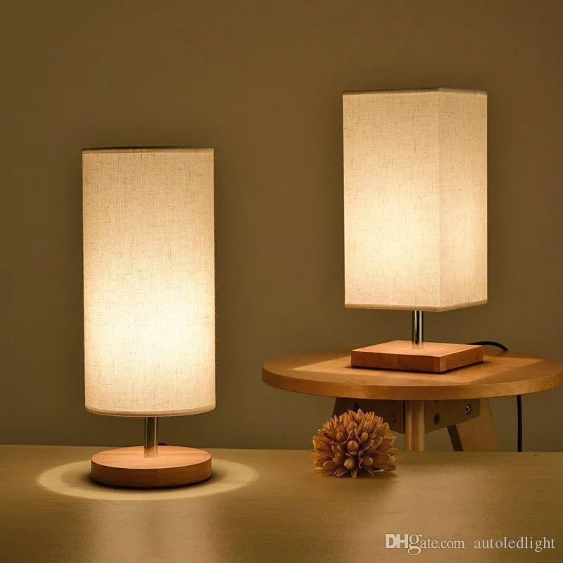 Sängbordslampa Minimalistisk Solid Wood Night Light Simple Desk Lamps Runda Nattduksbord med tygskugga