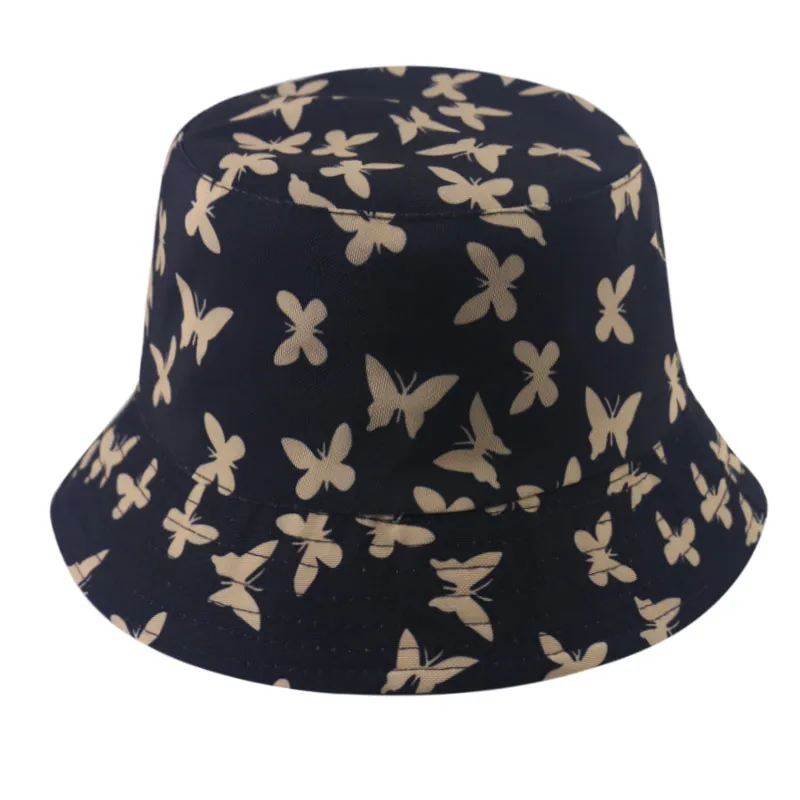 새로운 패션 여성 나비 인쇄 귀여운 버킷 모자 가역자 모자 모자 파나마 버킷 모자 야외 캐주얼 태양 모자 고로