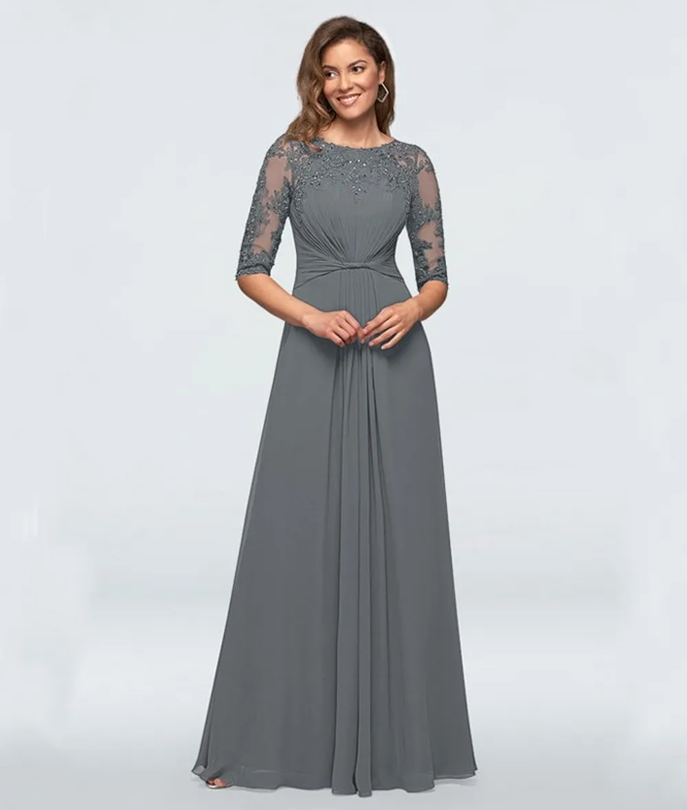 slim fit dress slacks A-line Grey Chiffon Long Sleeves Appliques Long Custom Bridesmaid Dresses,  MRB0112 main image 0