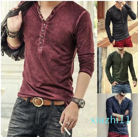 Fashion-HOT Men's T-Shirts Spring Autumn Cotton T Shirt Men Solid Color Tshirt Mandarin Collar Long Sleeve Top Tees