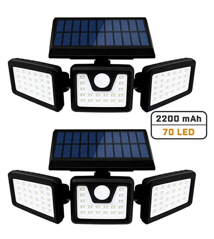 Solsäkerhetsljus 3 Head Motion Sensor Lights Justerbara 70led Flood Lights Utomhus Spotlights 360 ° Roterbar IP65 Vattentät för veranda