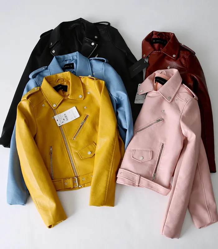 여성 ZA 클래식 가죽 자켓 코트 긴 소매 노란색 우레탄 코트 5 색 겉옷 Y190827