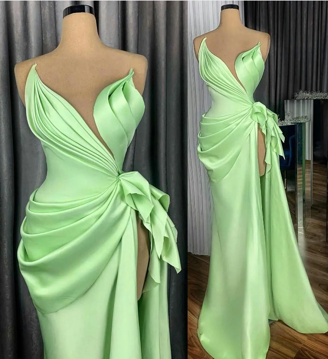 Mint mantel prom klänningar ren juvel halsringning robe de soiree ruffles hög sida split afton klänning skräddarsydda formella festklänningar