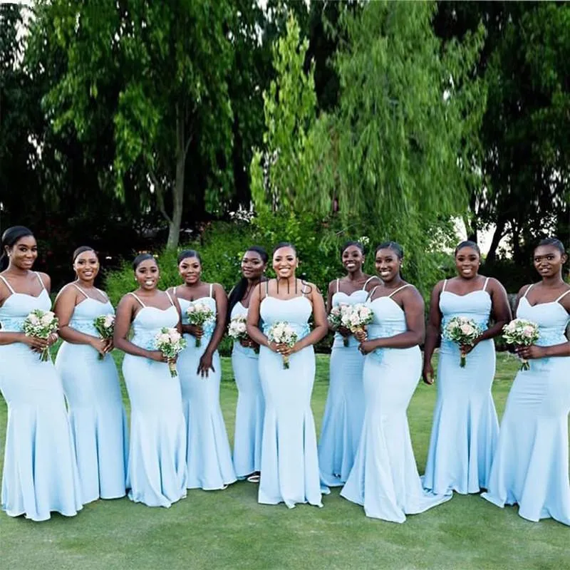 Vestidos de dama de honor de sirena azul claro del cielo de la fiesta de spaghetti de espagueti.