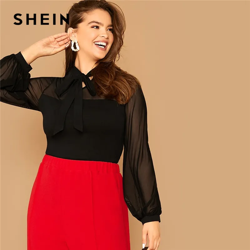 SHEIN Plus Size Black Tie Neck Mesh Sleeve Top Blouse Women Autumn Stand  Collar Office Lady Womens Elegant Tops And Blouses From Beautyoutfit,  $27.14