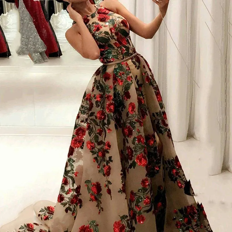New Strapless Embroidered Sequin Floral Evening Dress Jewel Neck