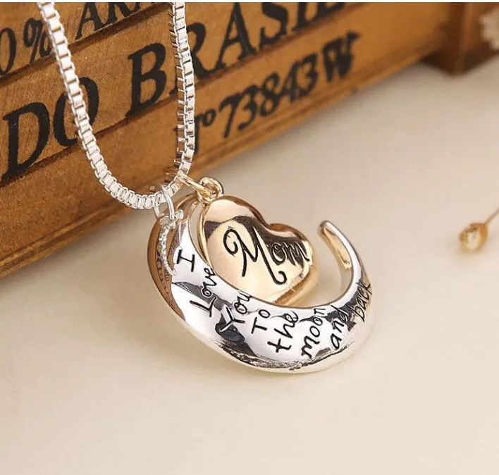 High Quality Heart Jewelry I Love You To The Moon And Back Mom Pendant Necklace Mother Day Gift Wholesale Fashion Jewelry GD463