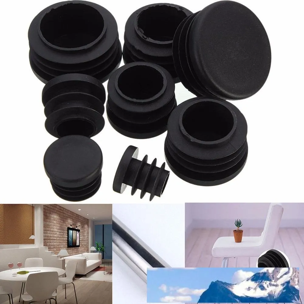 Partihandel-10st Svart plastmöbler benpluggstolsben Foot Blanking End Caps Infoga pluggar Bung för runda rörrör 8 Storlekar 16-35mm