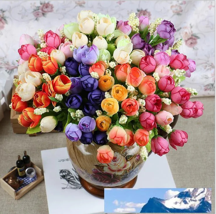 Couleur de printemps 15 Mini Rose Fleurs Artificielles 7 Couleurs Sélection Rosebuds Star Party Décoration Couronnes Silk Bud Factory Direct ER02