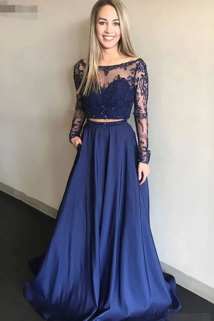 Chiffong Långärmade Lace Beaded Two Pieces Prom Klänningar 2020 Vestidos de Graduación Navy Blue Formal Evening Dress Plus Size Prom Crow