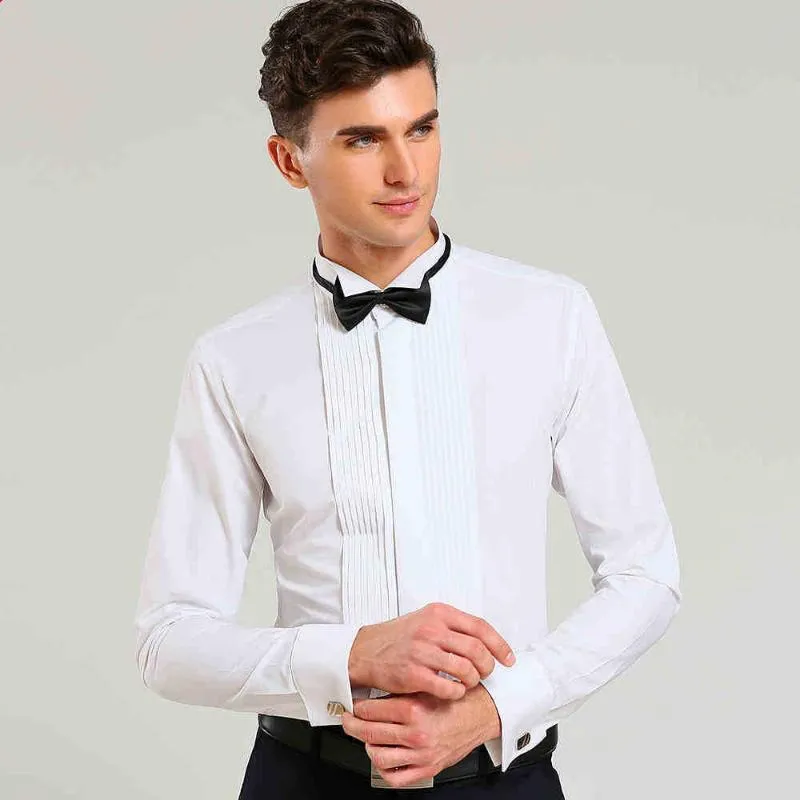 Camisas de vestido masculinas smoking com punhos franceses e gravata borboleta 1/4 pregas manga longa branco casamento cocktail festa de formatura Evenin289n