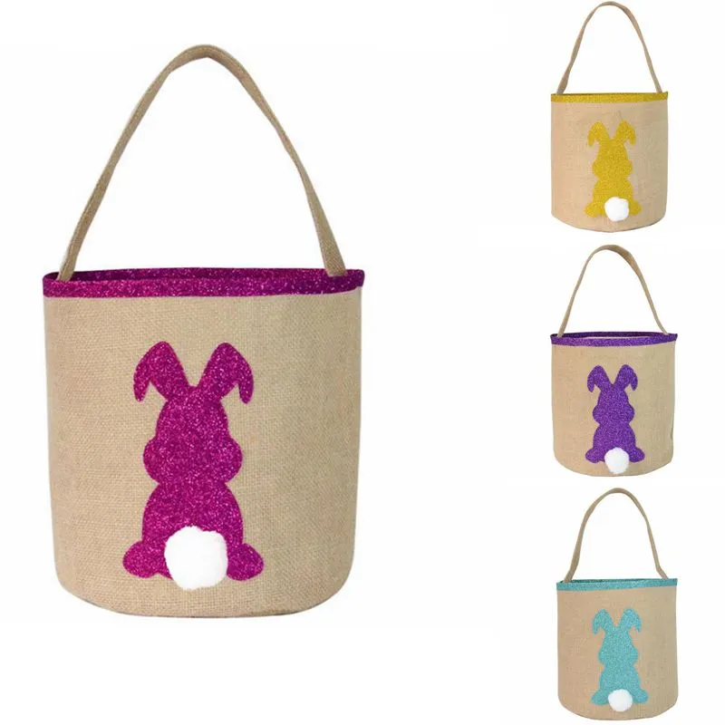 Paniers de lapin de Pâques Fluffy Rabbit Tails Seaux Glitter Burlap Gift Tote Rabbit Seau Oeufs Sacs de chasse Pâques Kids Gift 4 Designs DW5026