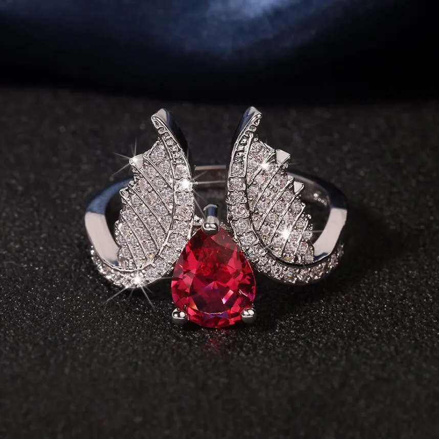 2020 Super Nieuwe Collectie Fonkelende Sieraden Sterling Sier Water Drop Pear Cut Ruby CZ Diamant Vrouwen Bruiloft Hoek Vleugels Ring gift