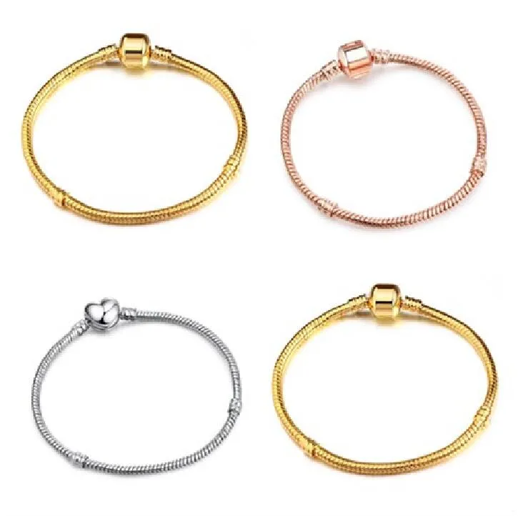 3mm 17-21cm guld silverrosa guldpläterad armband Snake kedja med fatlås passar europeiska pärlor för armband med utan logotyp