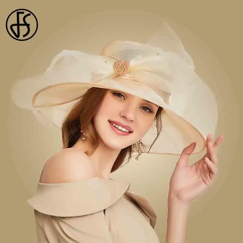 Fs beige vit organza bred brima sol hattar för kvinnor sommar kyrka hattar kvinnor elegant kentucky derby hatt damer stor båge fedora cx200714
