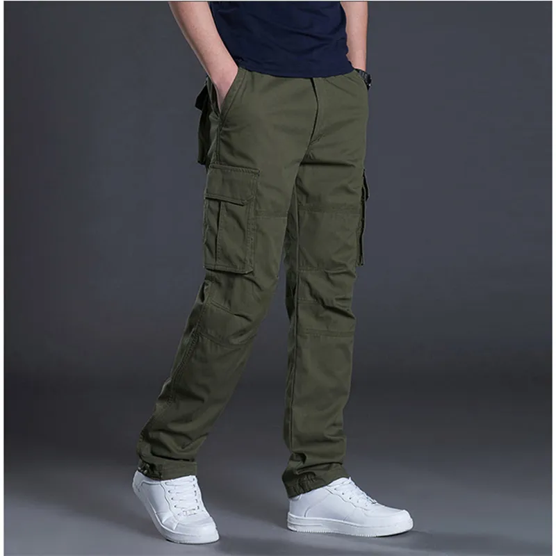 Spring Autumn Cargo Casual Mens Baggy Regular Cotton Trousers Male Combat Tactical Pants Multi Pockets