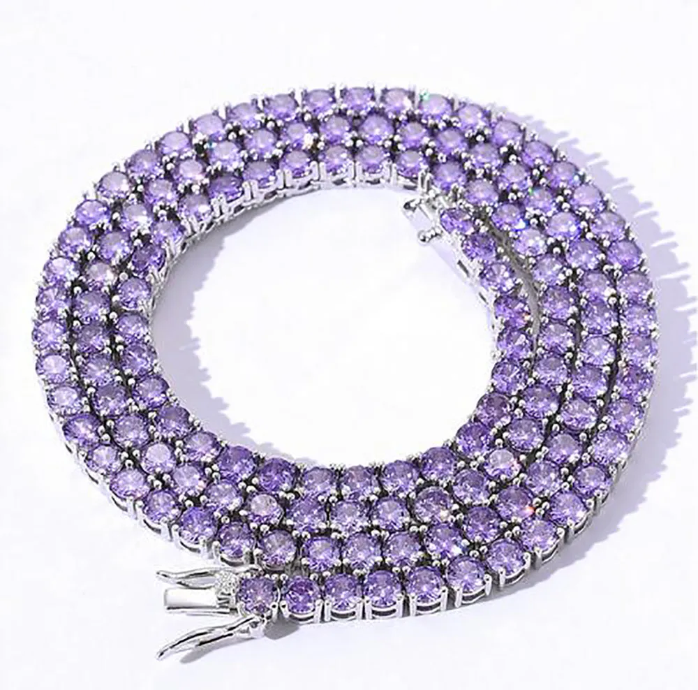 14K Iced Out Purple Color 4mm 1 Row Simulated Diamond Bling Tennis Chain Necklace Hip Hop Jewelry 18inch-24inch