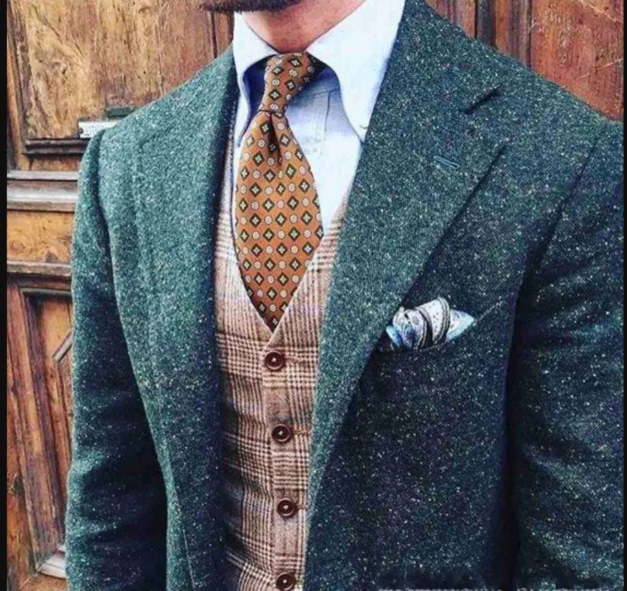 Winter Fashion blu Donegal Tweed smoking dello sposo del risvolto della tacca One Button Uomini Wedding smoking Uomini Dinner Party Suit (Jacket + Pants + Tie + Vest) 160