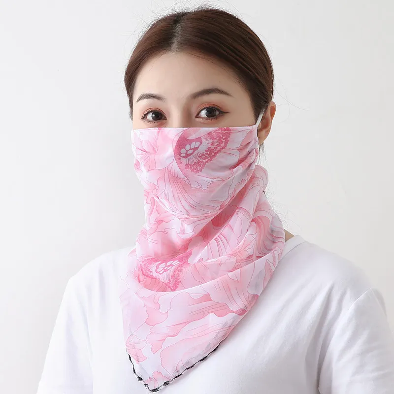 Women Silk Scarves Pareo Sarong Sunscreen Wraps Summer Floral Face Mouth Mask Turban Beach Driving Scarf Sea Chiffon Neckchief