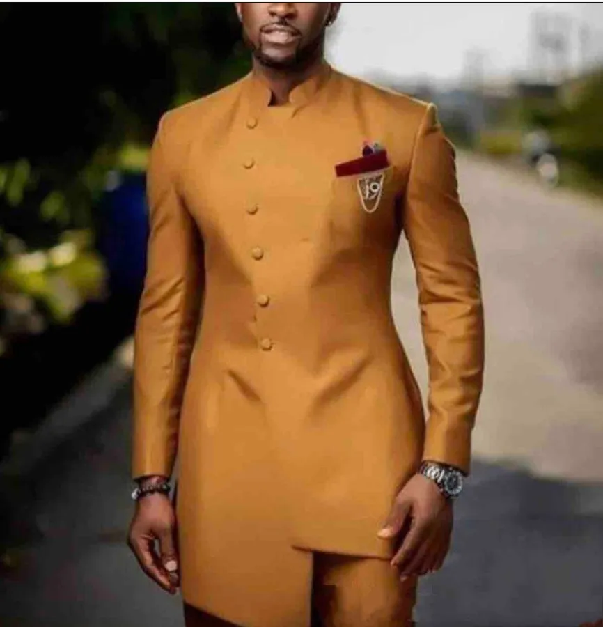 Gold Stand Collar Serge Groom Tuxedos Fashion Long Groomsmen Wedding Tuxedos Men Formal Blazer Prom Jacket Suit(Jacket+Pants+Tie)338