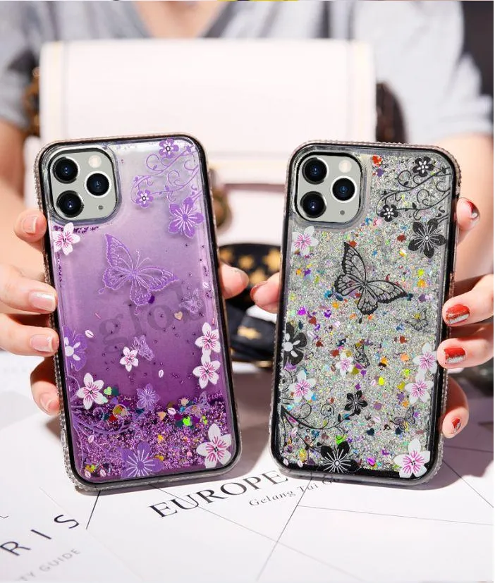 Flytande Quicksand Bling Fodral Glitter Diamond Flowers Butterfly Telefonlock för iPhone 11 Pro Max 7 8 Plus X XR XS SE2