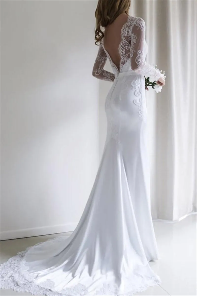 Sexy rückenfreies Meerjungfrau-Hochzeitskleid 2021 Satin und Spitze Langarm Hochzeit Brautkleider mit Gürtel Pinselzug Vestido de Noiva