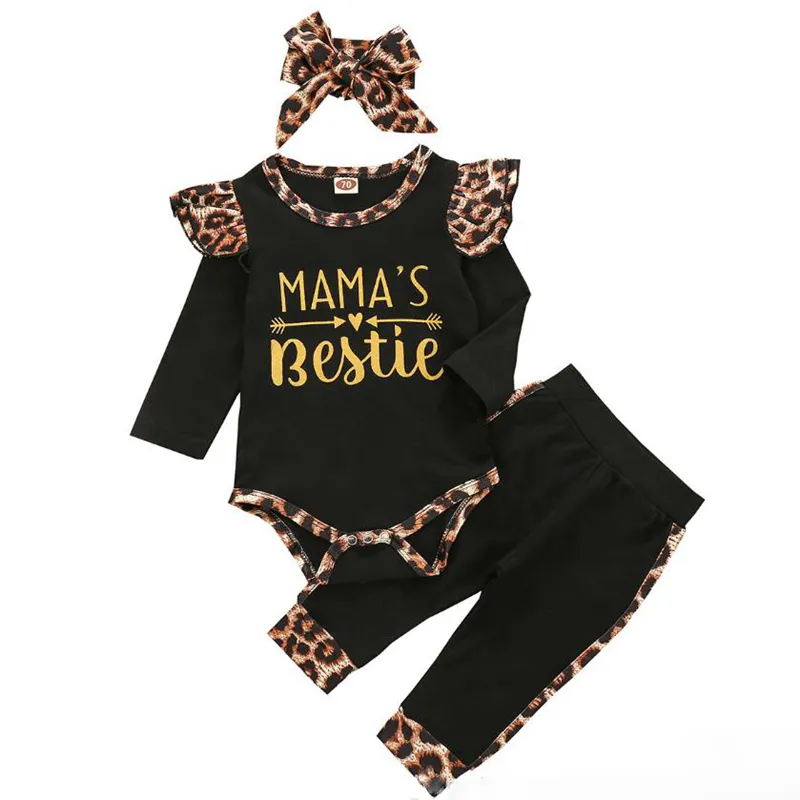 Baby Girl Outfits Toddler Lettera Pagliaccetti Leopard Pants Fascia 3 pezzi Set Flying Long Sleeve Abbigliamento per bambini Boutique Abbigliamento per neonati DW5618