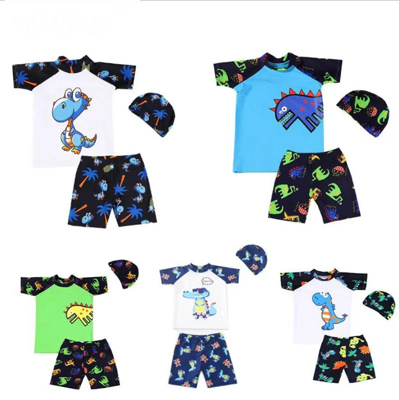 Kids Boy Swimwear Cartoon Dinosaur Boys Tops Shorts Cap 3pcs Sets Kids Swim Suits Summer Beach Clothes 6 Designs DW4969