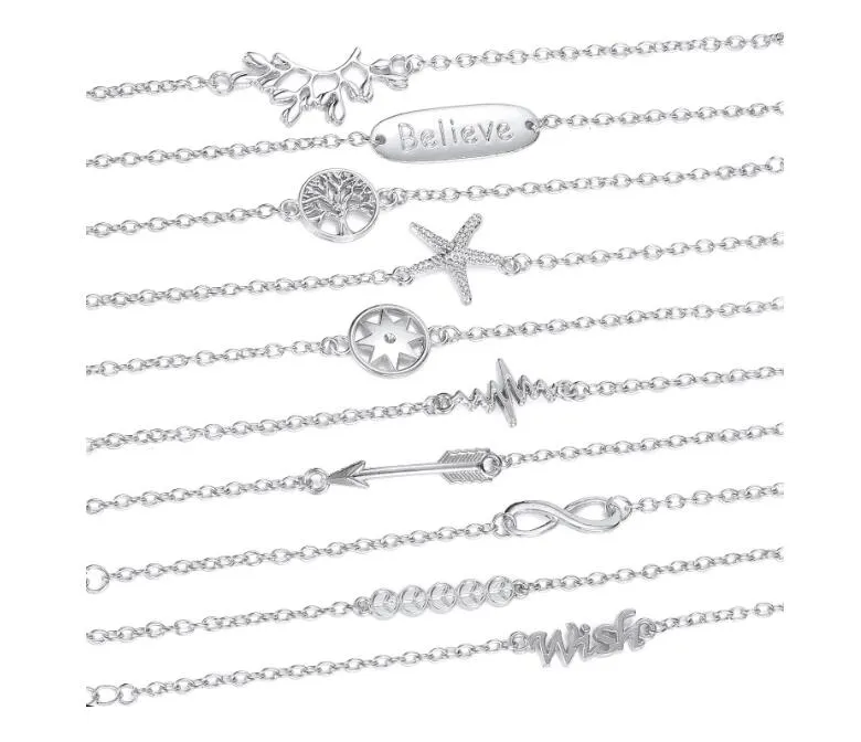 Mix 10 style 10pcs Fashion alloy Bracelet silvery Olive branch Lucky Tree Starfish Infinity A sign of peace believe Charm Bracelet 19cm+5cm