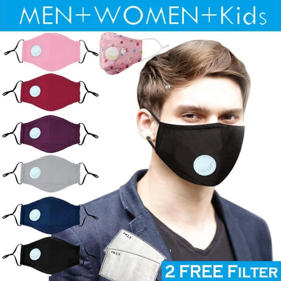 6 цветных взрослых детей моющаяся лицо маска для лица с фильтрующим клапаном многоразовая ткань хлопчатобумажные маски с заменяемым респиратором с 1 бесплатным фильтром PM2.5