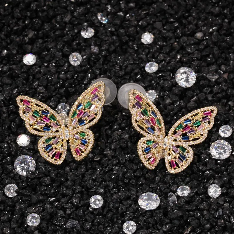 4 Colors Personalized Rose Gold Cubic Zircon Big Butterfly Earrings Punk New Fashion Stud Earring Bling Diamond Ear Jewelry Gifts 2538