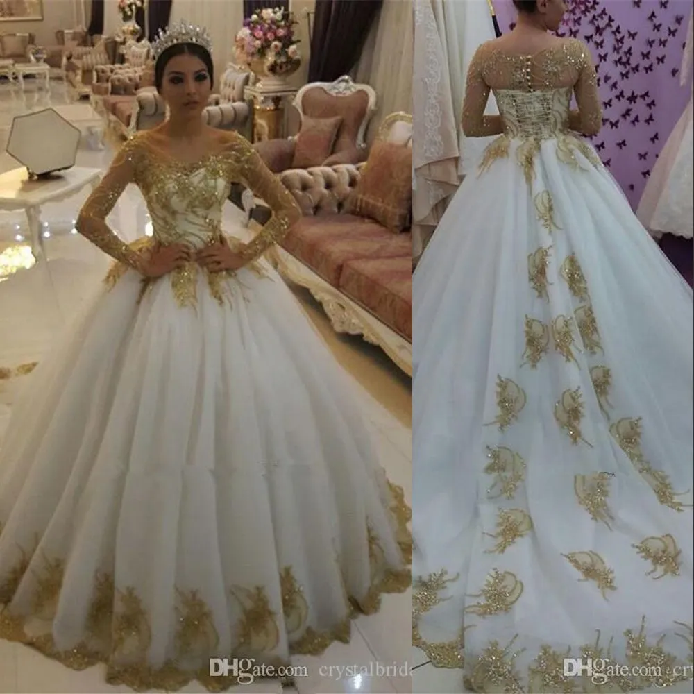 Sexy neue Luxus-Ballkleid-Hochzeitskleider in Übergröße, V-Ausschnitt, Goldspitze, Applikationen, Kristallperlen, lange Ärmel, Tüll, Hofzug, Brautkleider