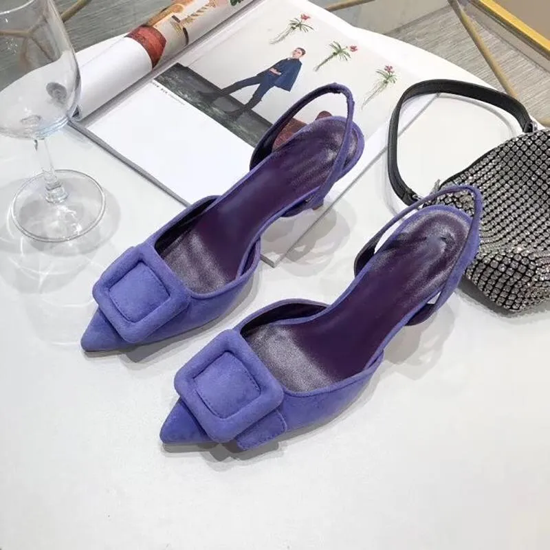 Ledersandalen für Damen 2020, spitze, kurze Öffnung, schmaler Absatz, einzelne Schuhe, quadratische Knopfleiste hinten, elastische Mode-High-Heels mit Box und Staubbeutel