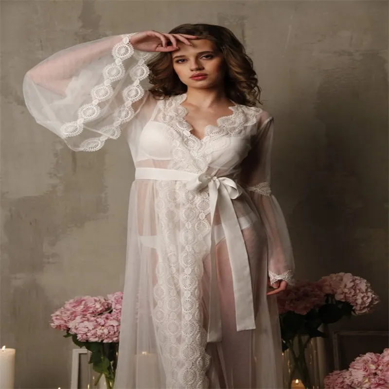 Branco Mulheres Casamento Elegante Banho Vestes Manga Longa Appliqued Lace Sleepwear Personalizado Feito Ruched Chiffon Varredura Trem Noiva Pijama Vestidos