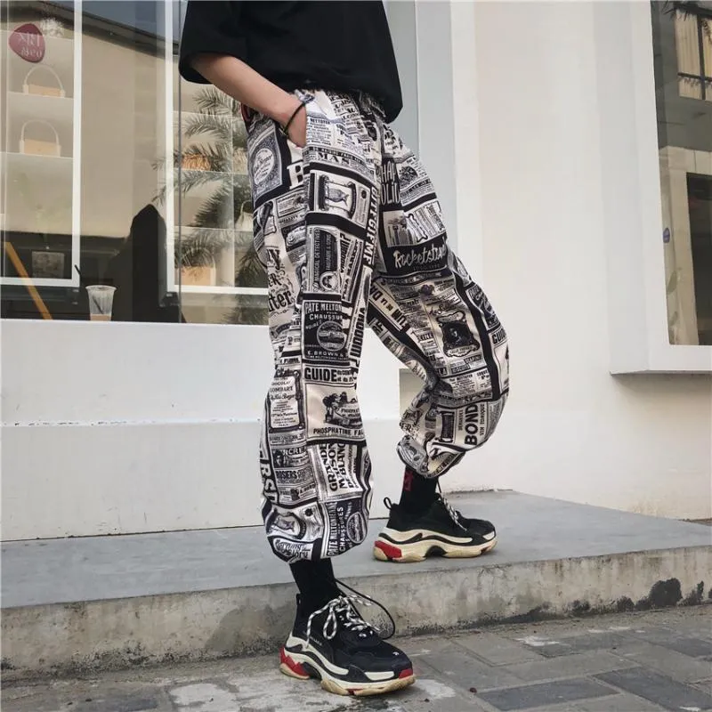 Mens Streetwear Newspaper Print Drawstring Harem Jogger Pants