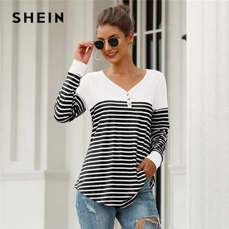 Shein Black And White Striped Button Front Curved Hem Tee Women Spring Half Placket V Neck Long Sleeve Casual T Shirts From Hongxigua 31 66 Dhgate Com