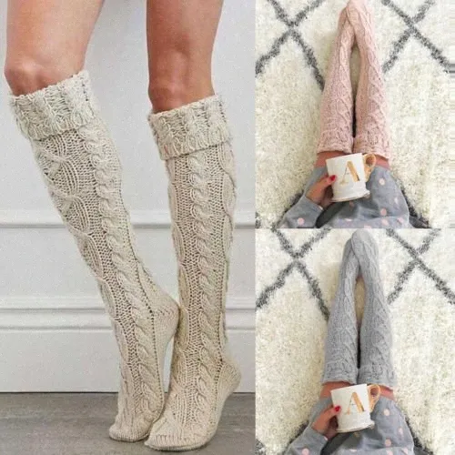 Women Over Knee Wool Knit Long Socks Winter Thigh Highs Warm Socks ...