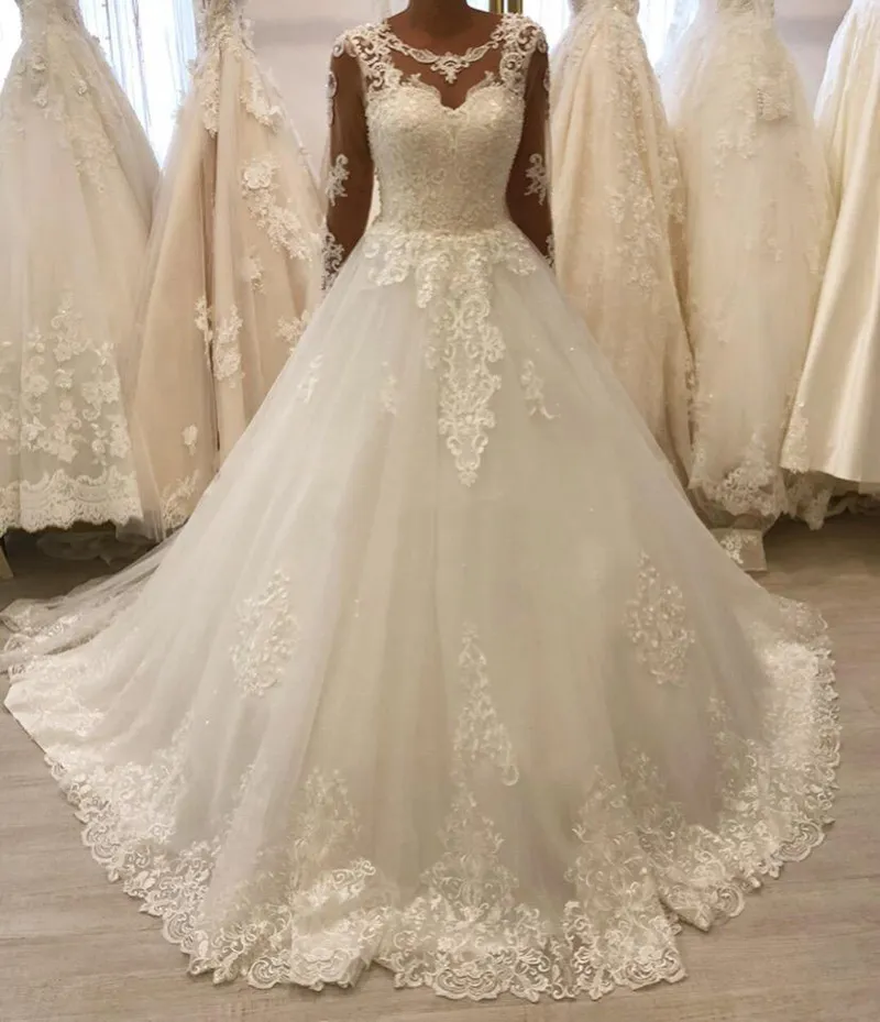 Abiti da sposa in pizzo a maniche lunghe africane con appliques gioiello collo corunco ​​ferro treno tulle spiaggia abiti da sposa da sposa vestiios de novia