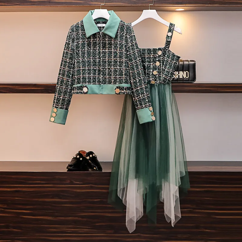 Vintage Tweed Plaid Short Jacket och Tweed Patchwork Oregelbundet Mesh Lång Klänning Två Piece Sets Plus Size Matching Set Suit A288