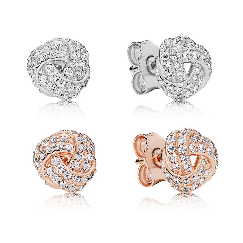 Rose Gold CZ Diamond Wedding Earrings Set for Women 2024 Summer Jewelry with Original Box Pandora Compatible 925 Silver Knot Stud Earrings Set