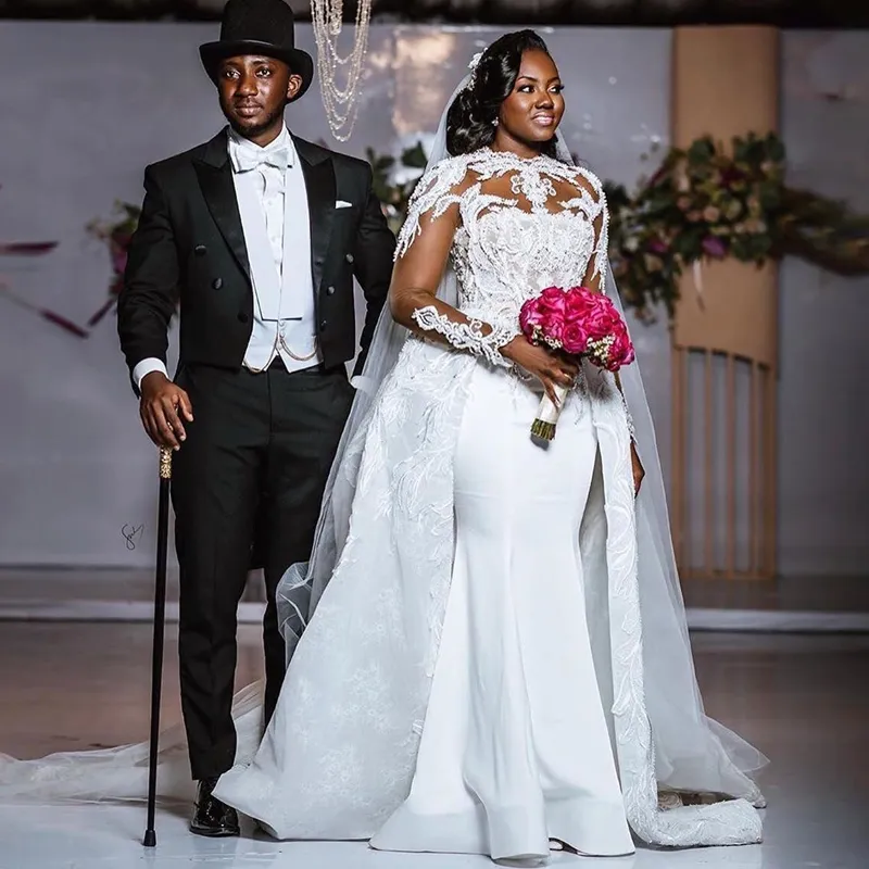 Mermaid Lace Wedding Overskirt with Detachable Train and Sequins Plus Size Satin Trumpet Bridal Gown