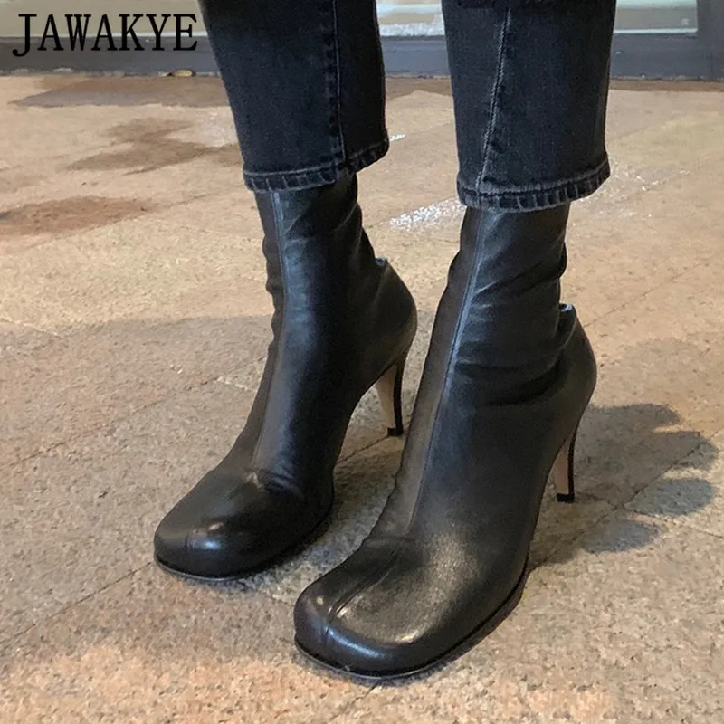 Stivali punta quadrata caviglia in pelle donna tacco gattino nero tacco alto arancione scarpe da cowboy sottili autunnali corte