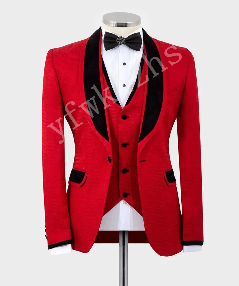 Выполненный на заказ шали отворотом Groomsmen One Button Groom Tuxedos Мужские костюмы Свадебные / выпускной вечер / ужин Шафер Blazer (куртка + штаны + Tie + Vest) W220