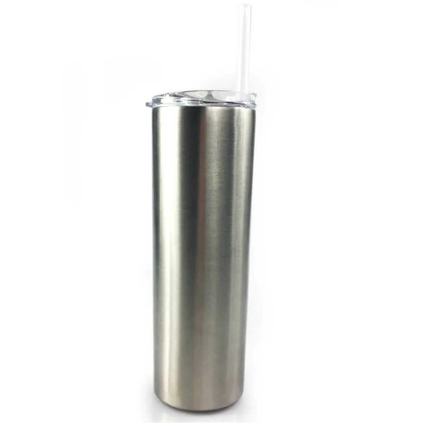 Vasos delgados de 20 oz Taza de acero inoxidable de color plateado Botella de agua con doble aislamiento Frasco de vacío delgado Tazas de café con pajita A11