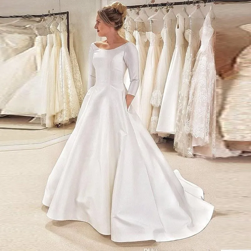 Niestandardowe 3/4 Długie rękawy Suknie ślubne 2021 Z Pockedts Sweep Pociąg Satin A Line Wedding Bridal Suknie Vestidos de Novia