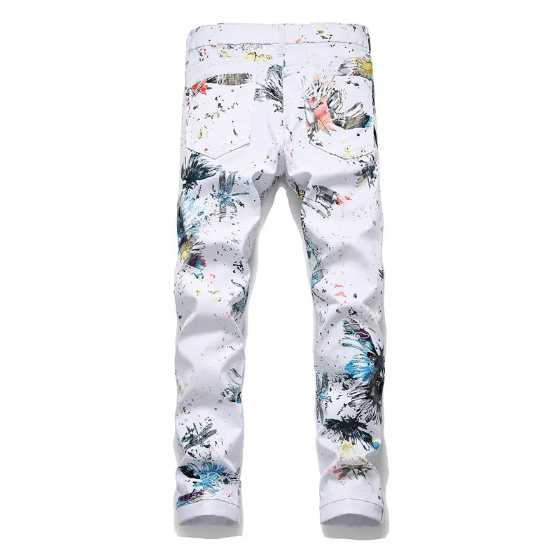 Męskie dżinsy Drukowane Drukowane białe modne mody Slim Fit Painted Stretch Pencil Pants Long311e